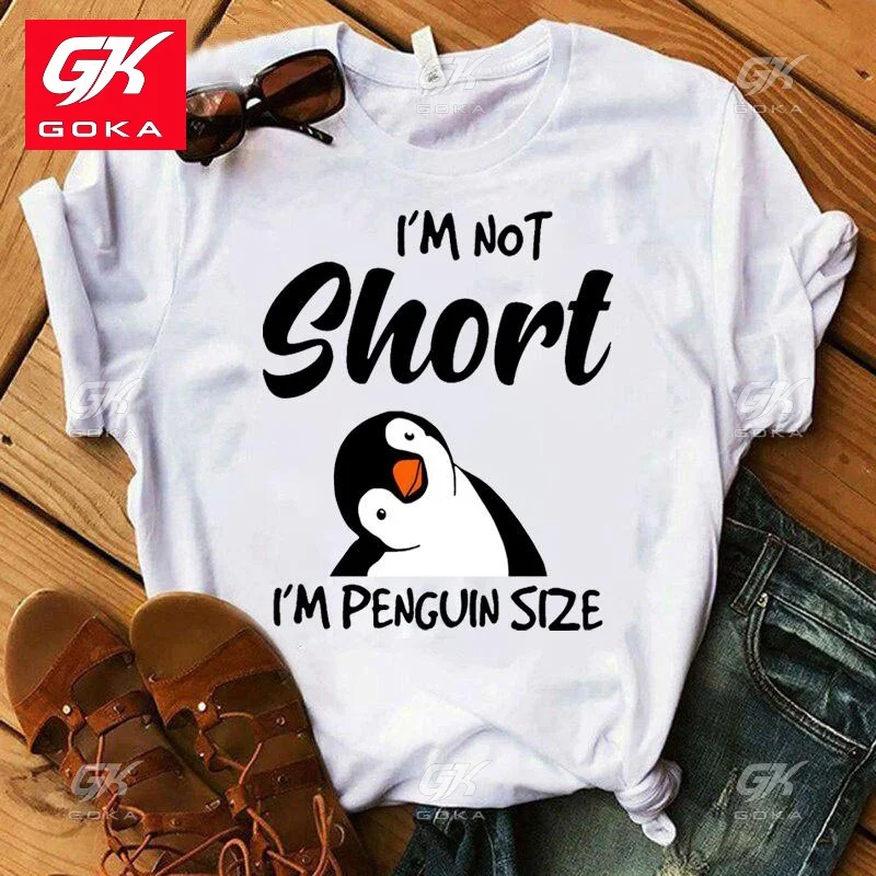 Cute Penguin I'm Not Short Print Ctton T Shirt for Women Tees Lovely Short Sleeve Casual Tops Funny Ladies Round Neck T Shirts