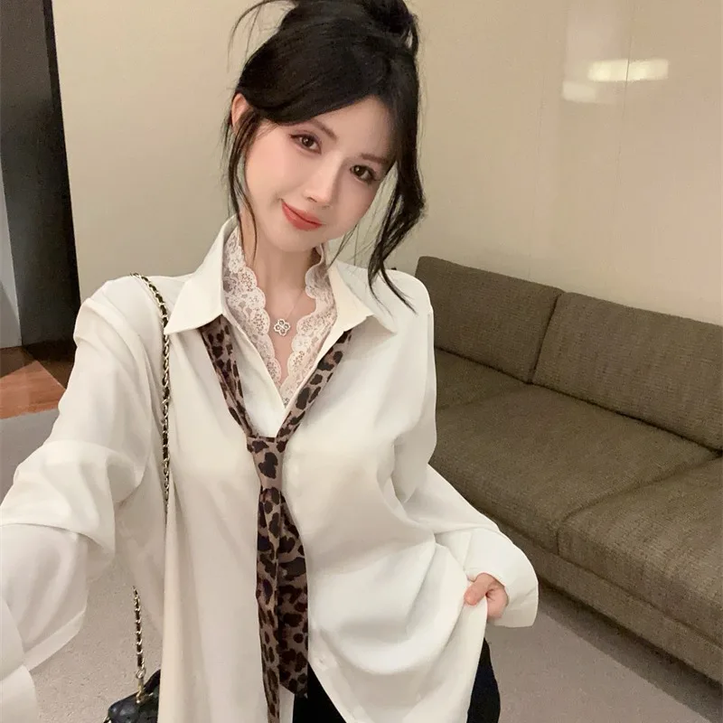 

Fall 2025 New Sle Loose Lace Trim Splicing Belted Slimming Inner irt Women's Faionable Mo Two-Piece Leopard Print Ribbon