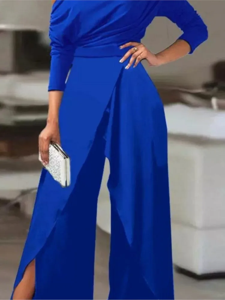 2026 New Off Shoulder Jumpsuit With Fashionable Asymmetrical Long Sleeves And Simple Daily Unique High Waist Wide Leg Jumpsuit view 2