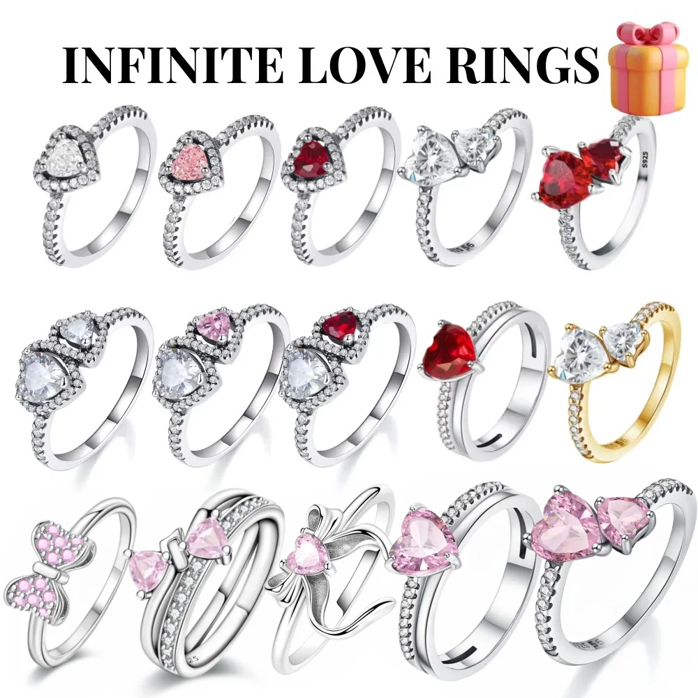 Nuevo anillo de plata 925 de Navidad, anillo de lazo brillante con circonita de corazón rosa, anillo Original DIY, joyería fina para mujer, regalos de Navidad para niña