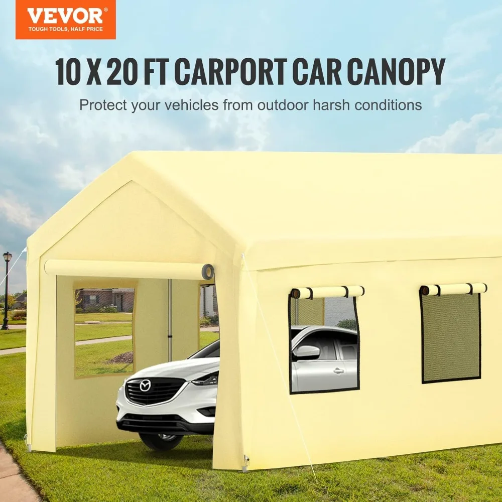 10 x 20 ft Carport Car Canopy, Heavy Duty Garage Shelter with 8 Legs, Removable Sidewalls and Windows