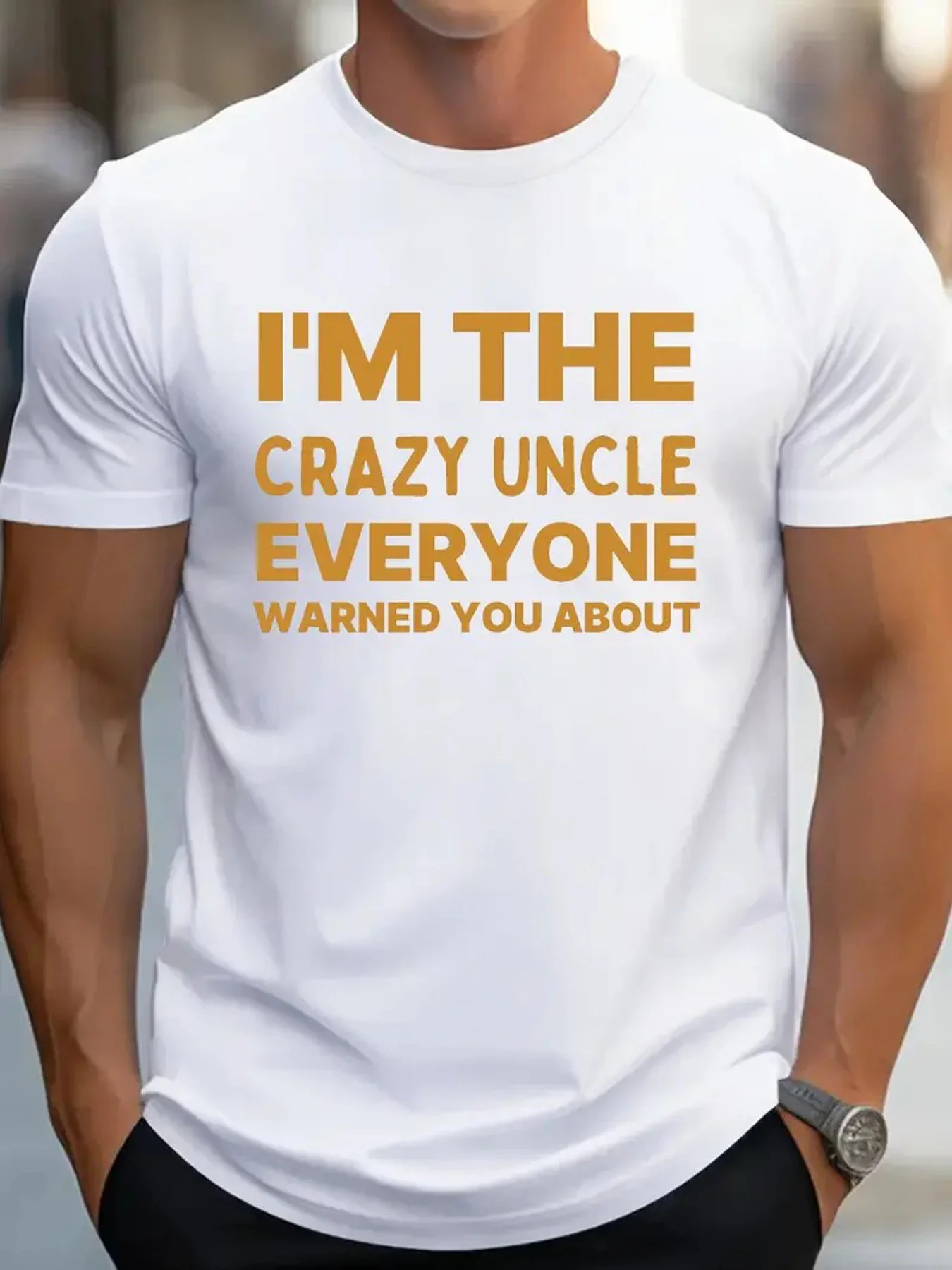A Crazy Uncle Warning Pure Cotton Men's T-shirt Comfortable Fit Exquisite Pattern Printing, Round Neck High Street Pure