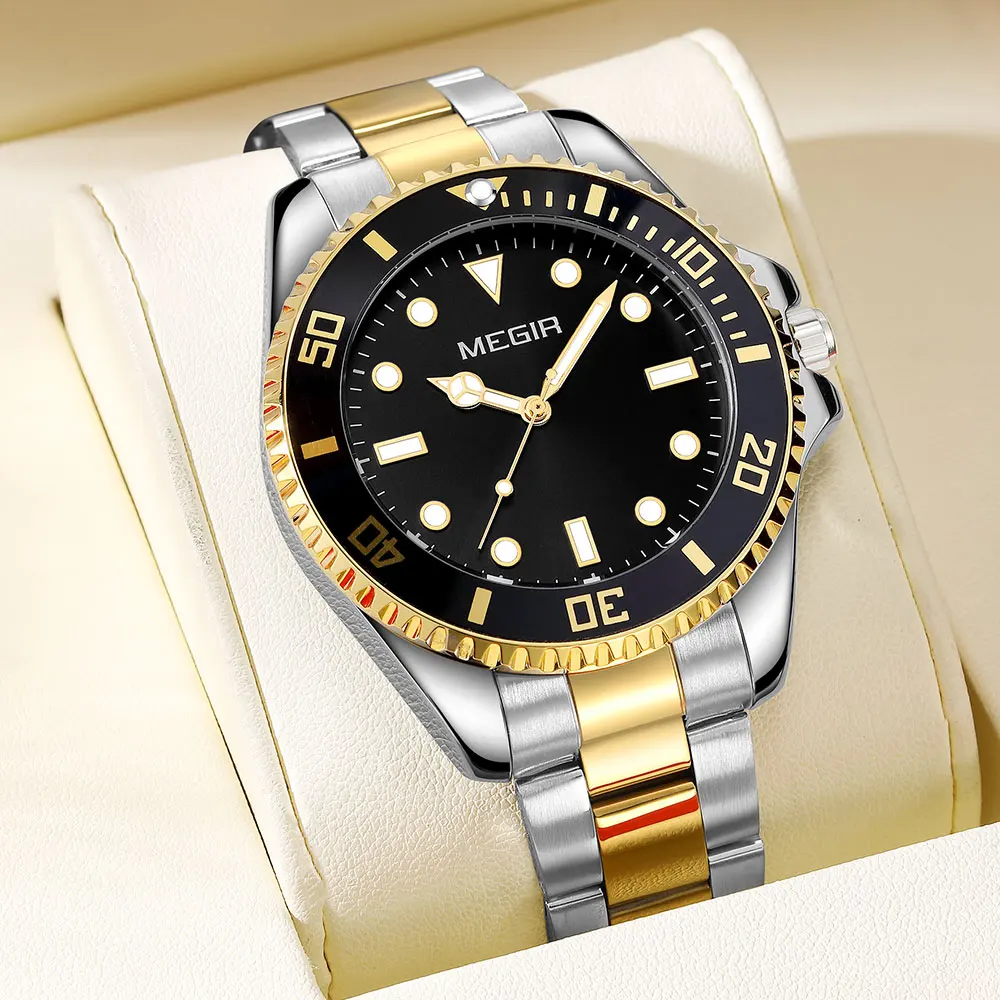 MEGIR Men's Minimalist Quartz Watch with Luminous Hands Calendar Date Stainless Steel Band Simple Business Style Wristwatch