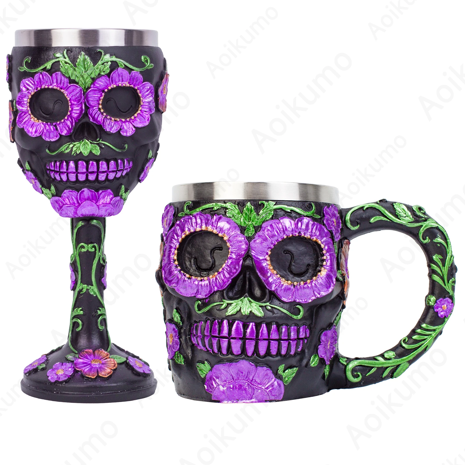 Sugar Skull Mug With Floral Designs On Back & Handle Gothic Day of The Dead Halloween Haunted Theme Party Decor Coffee Cup