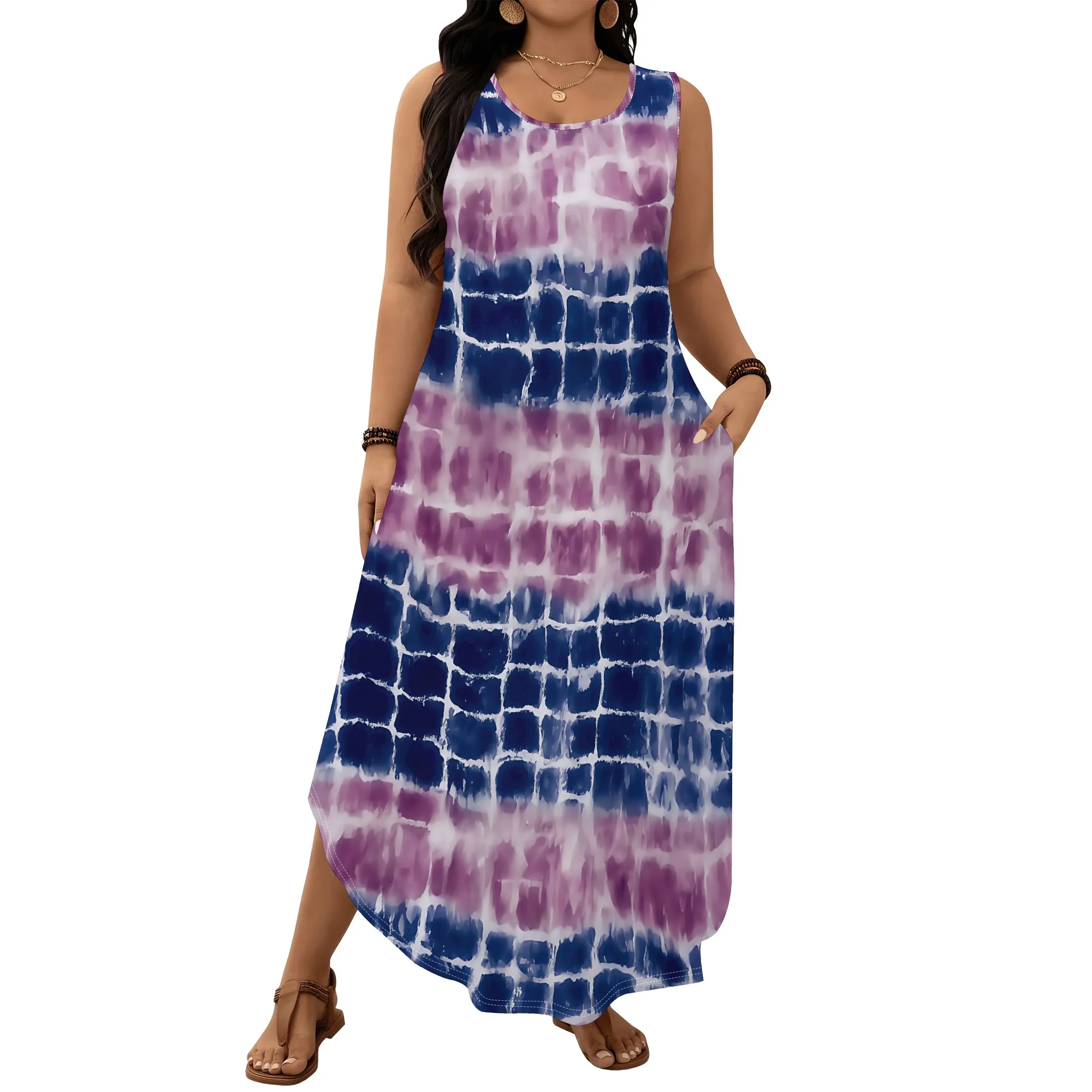 Plus Size Tie Dye Maxi Dress XL-6XL Sleeveless Loose Fit Style for Beach Vacation, Summer Brunch or Casual Streetwear
