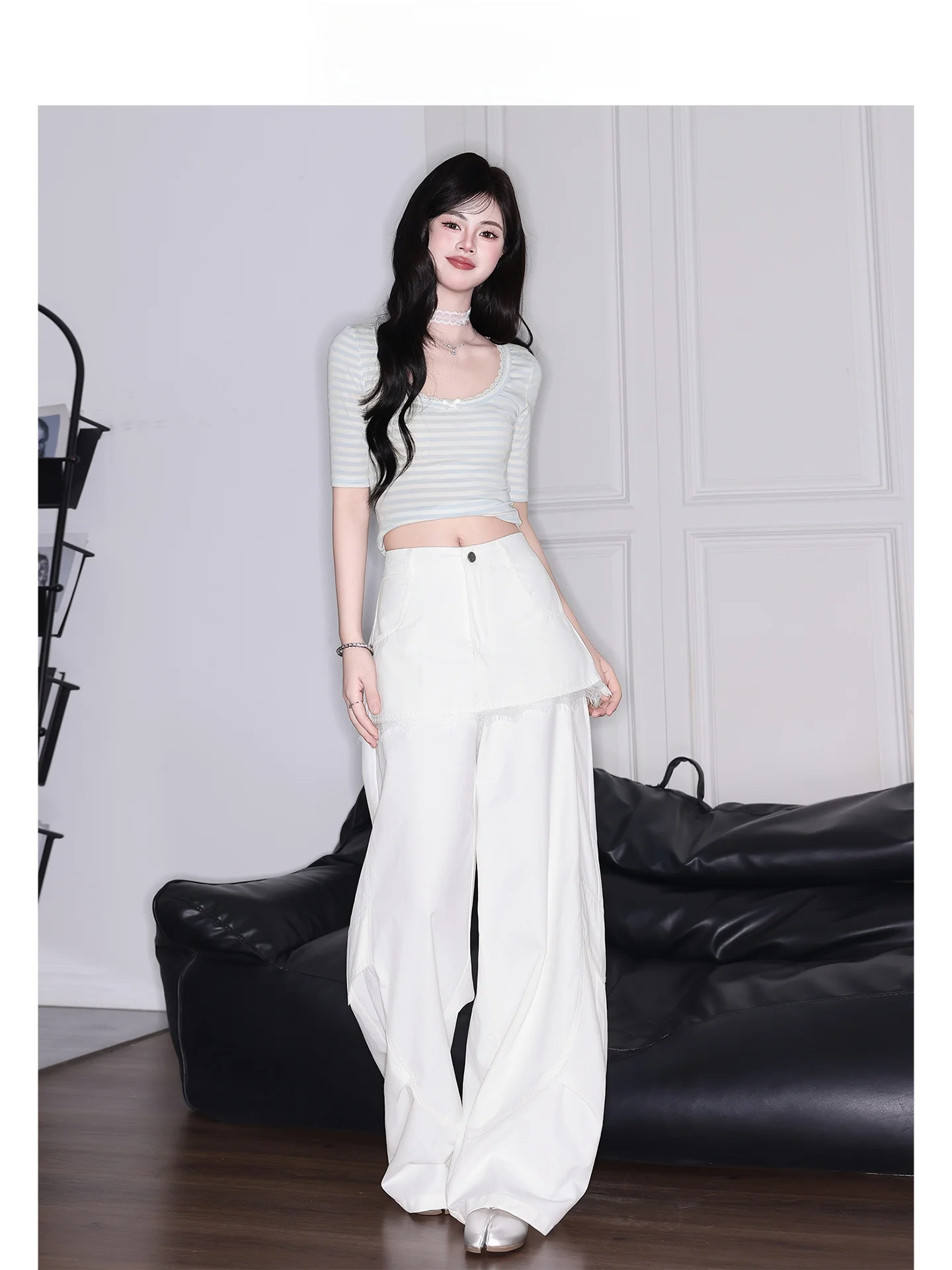 Pantalones de cintura alta y pierna ancha para mujer, pantalones informales de encaje, corte holgado, color blanco, corte recto, moda de verano Forever 21