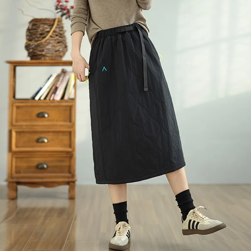 High Waist Quilted Casual Skirt Women New Arrival 2024 Autumn Simple Style Solid Color Basics Female A-line Long Skirts B2035