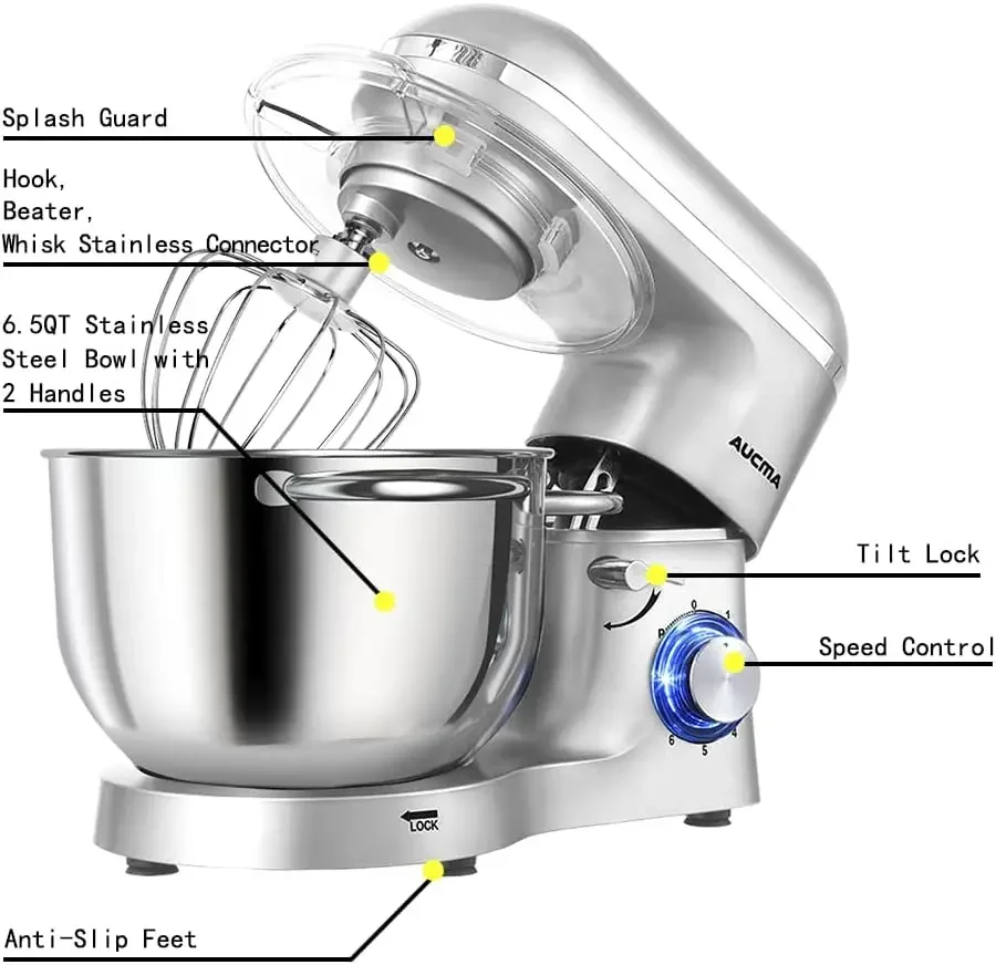 เครื่องผสมอาหารแบบตั้งพื้น,เครื่องผสมอาหารแบบเอียงหัว 6 สปีด 6.5-QT 660W,เครื่องผสมอาหารไฟฟ้าในครัวพร้อมตะขอเกี่ยวแป้ง, แส้ลวดและเครื่องตี (6.5QT, S