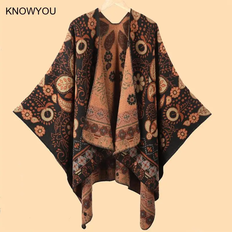 Thicken Flower Print Shawl and Wraps Split Cloak for Men Warm Artificial Cashmere Pashmina Echarpes Casual Outwear Jacket