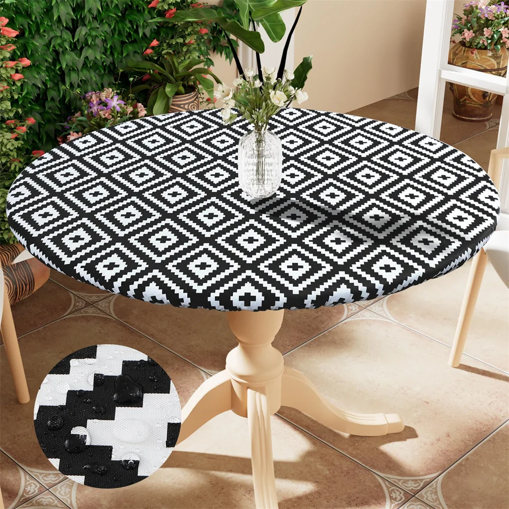 Olanly Round Picnic Table Cloth Waterproof Fitted Outdoor Tablecloth Flannel Backed Vinyl Table Cover For Camping Dining Indoor