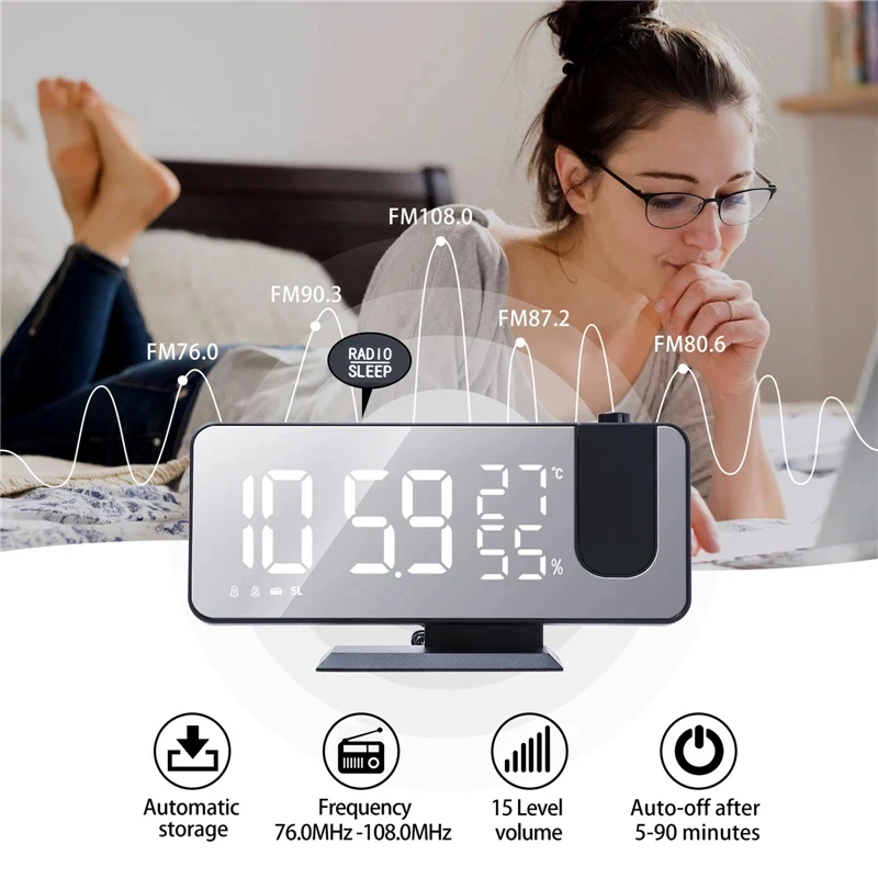 Radio Projection Alarm Clock LED Digital Temp and Humidity Display Electronic Desktop Clock with 180° Time Projector Snooze