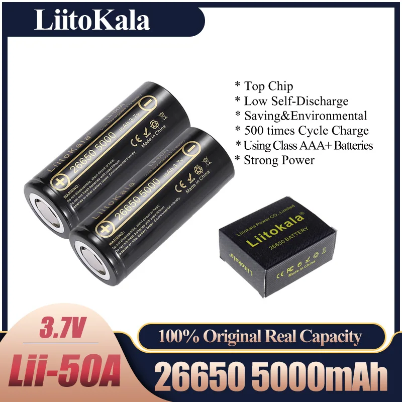 Gorący LiitoKala 3.7V 26650 5000 mah o dużej pojemności Lii-50A-N litowo-jonowy akumulator do latarki led + DIY nikiel