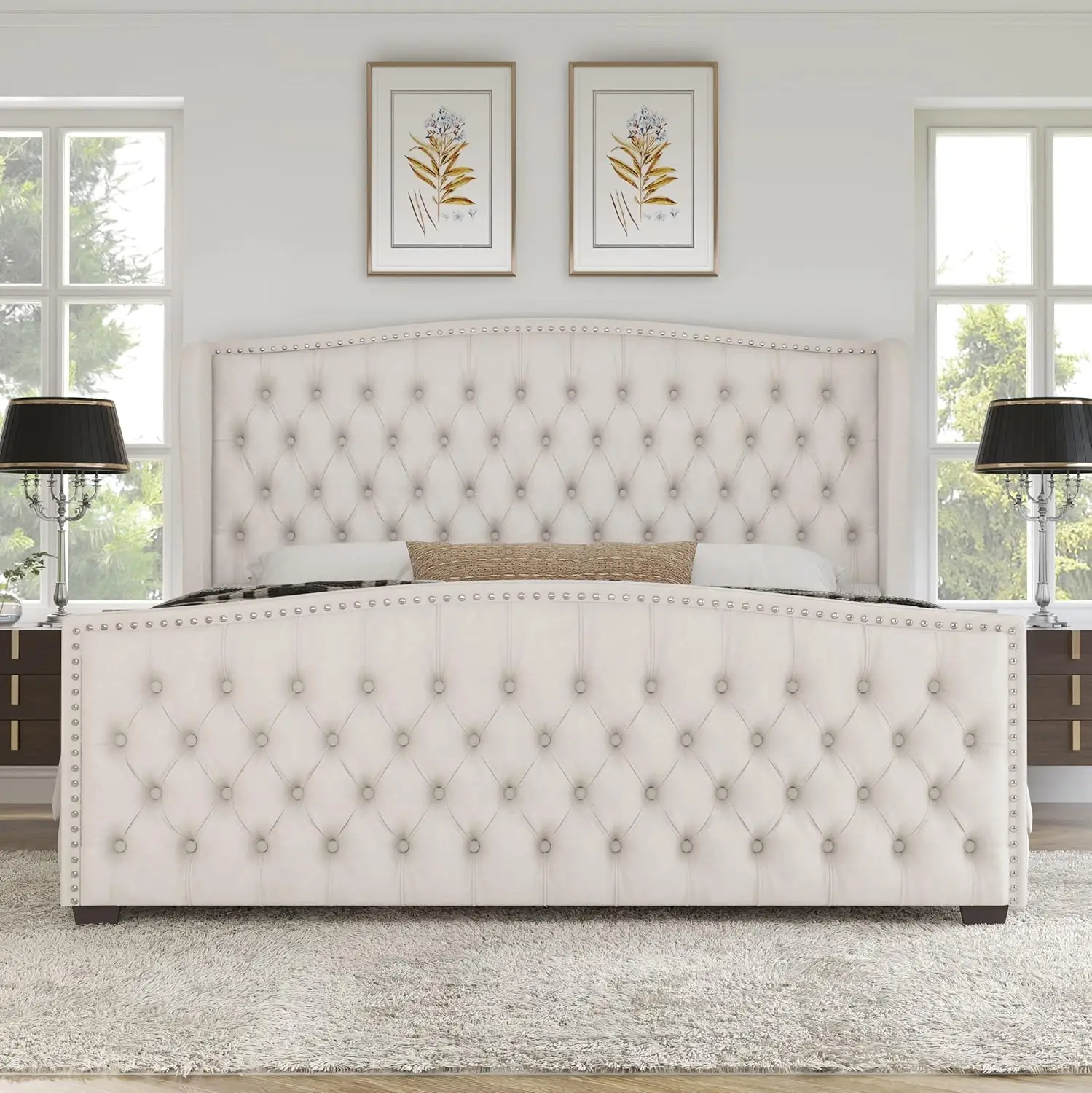 Large platform bed frame, velvet cushioned bed, wing back headboard with deep button clusters and decorations/cream color