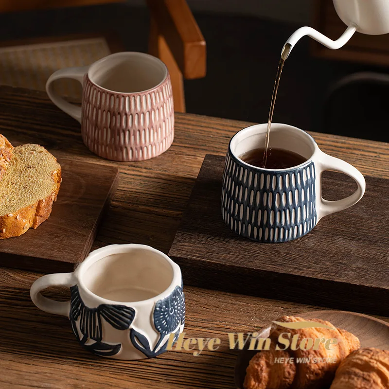 Vintage Classical Floral Ceramic Coffee Cup Irregular Pattern Office Tea Cup Classical Drink Milk Mug Home Large Capacity Mug