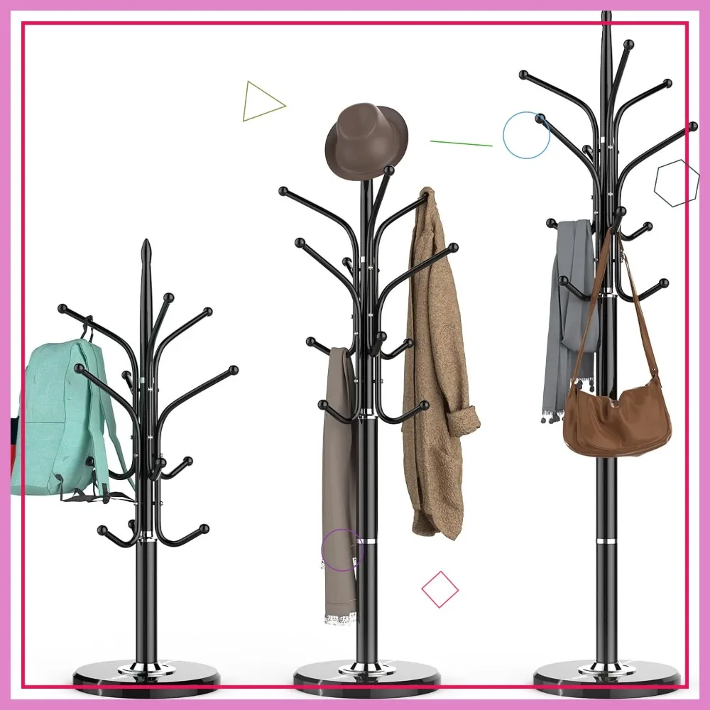 

Heavy Duty Coat Rack with Marble Base, Freestanding Hall Tree with 12 Hooks and Adjustable Sizes for Entryway, Bedroom, Office