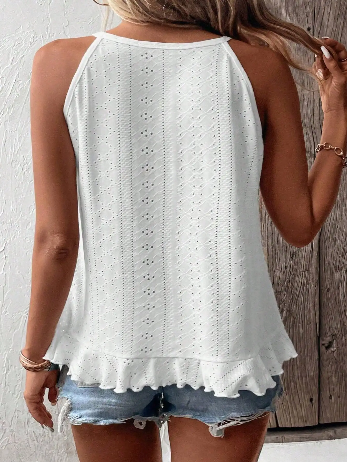 Women's Plus Size Eyelet Halter Tank Top, Casual Sleeveless Ruffled Hem Blouse, Loose Summer A-Line Camisole For Ladies