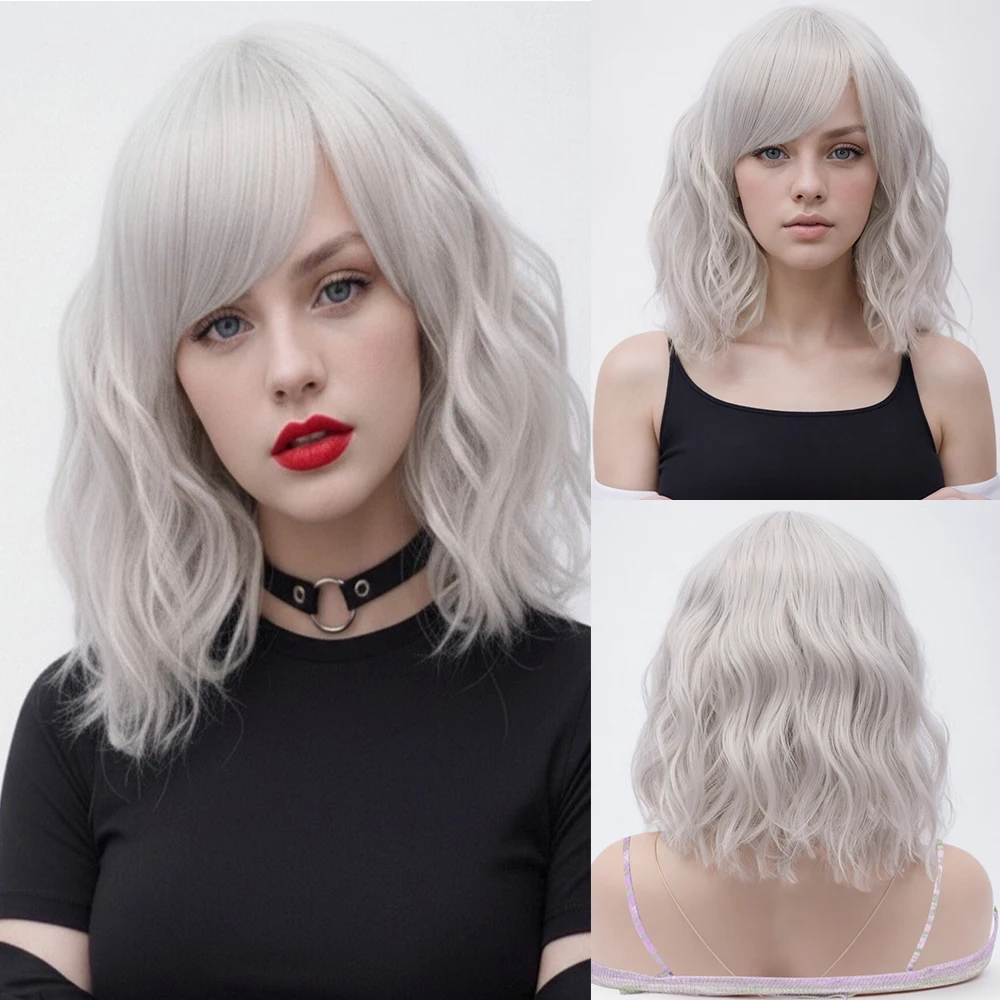 

Синтетический короткий серебристо-серый волнистый парик-каре с челкой для женщин, для костюмов Лолиты и тематических вечеринок, искусственные волосы