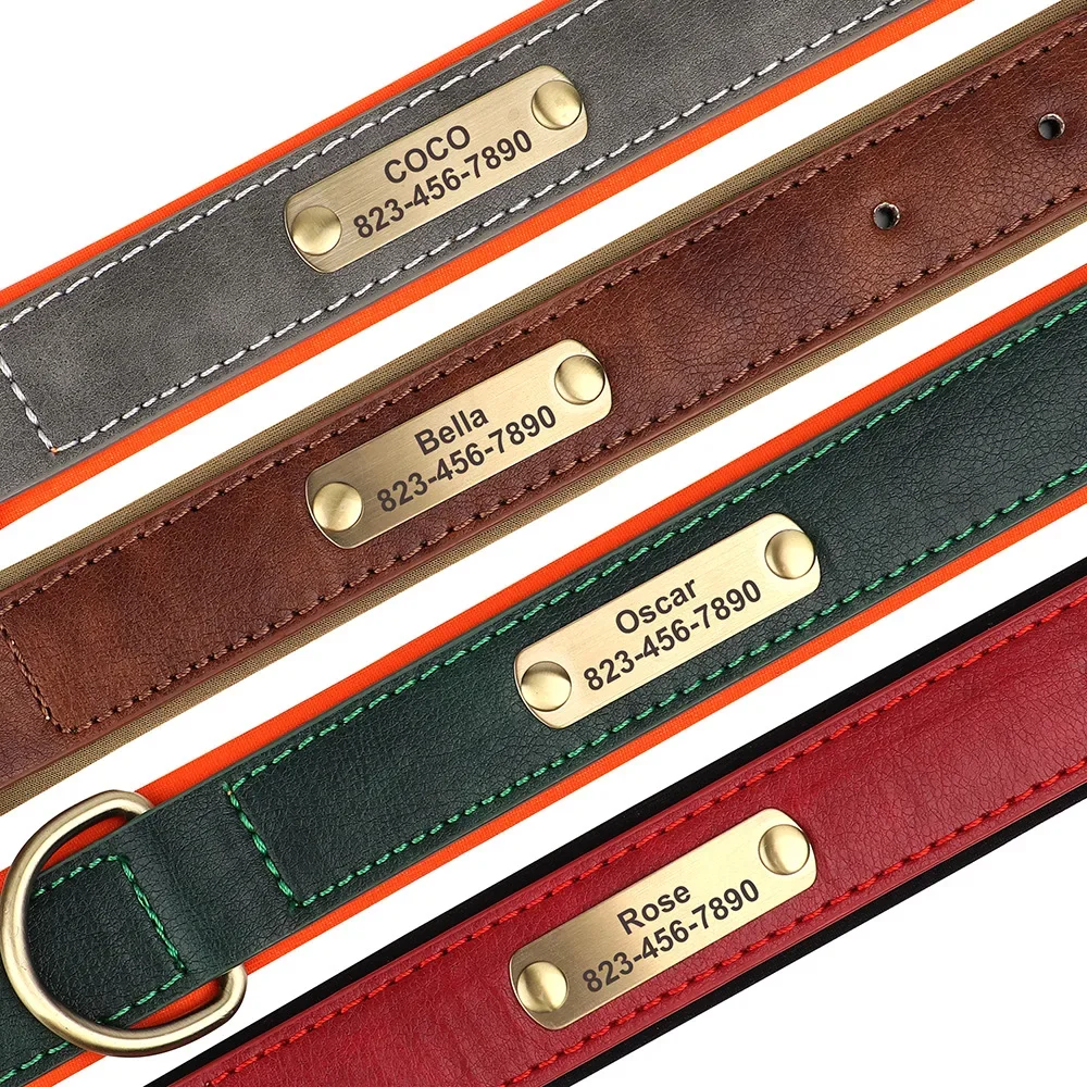 Customized Dog Collar Soft Padded Leather Pet Collar For Small Medium Large Dogs With Free Engraved Nameplate ID Tag Anti-lost