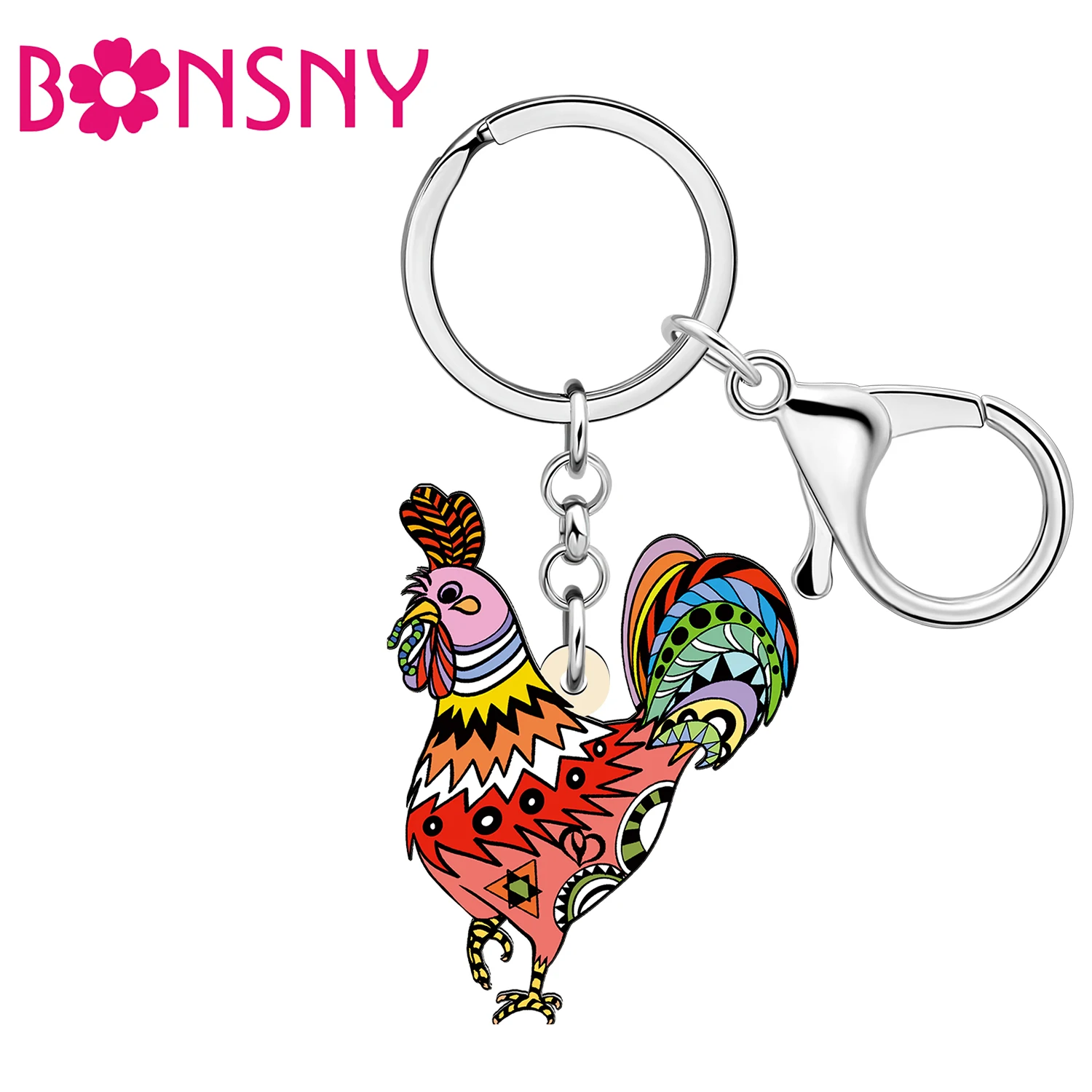 BONSNY Acrylic Rooster Chicken Keychain Key Chain Farm Animal Key Ring Jewelry For Women Kid Bag Purse Key Gifts