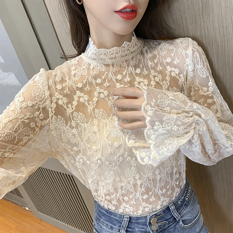 Women Lace Shirt Spring Autumn Long Sleeve Half High Collar Translucent Mesh Bottoming Shirts Female Sexy