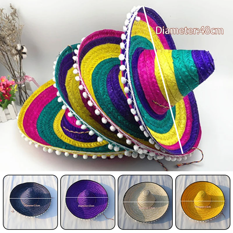 Mexican Party Hat Colorful Wide Brim Straw Hats Men Women Summer Outdoor Sun Hat Sombrero Halloween Cosplay Decorative Edges Hat