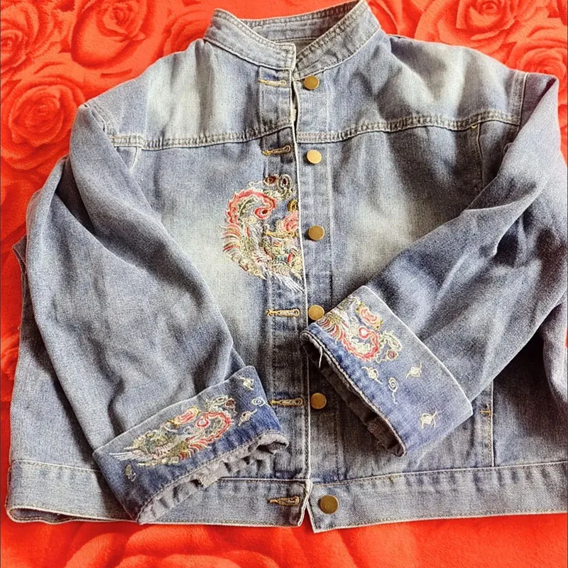 Veste en jean à manches longues pour femme, vêtement d'extérieur de haute qualité, mode coréenne, simple boutonnage, manteau brodé de Cowboy, automne