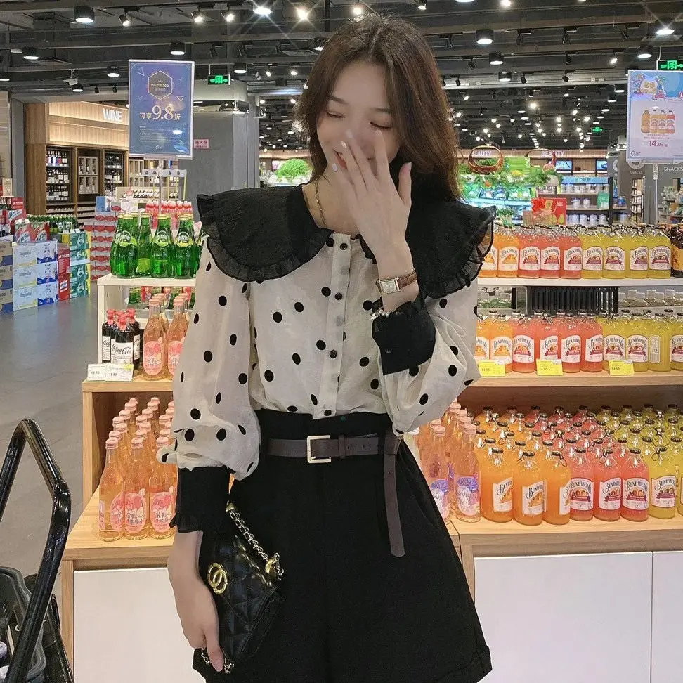 

Новая шифоновая рубашка с длинными рукавами, топ с пышными рукавами для женщин, рубашка в горошек с кукольным воротником для женщин