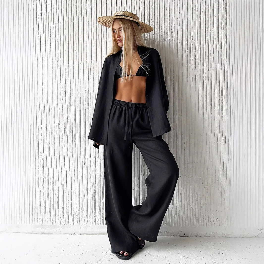 

Loose Long Sve Pure Color irt And Pants Set Casual Two-Piece Suit Spring Summer New Arrival Women's Faion Outfit