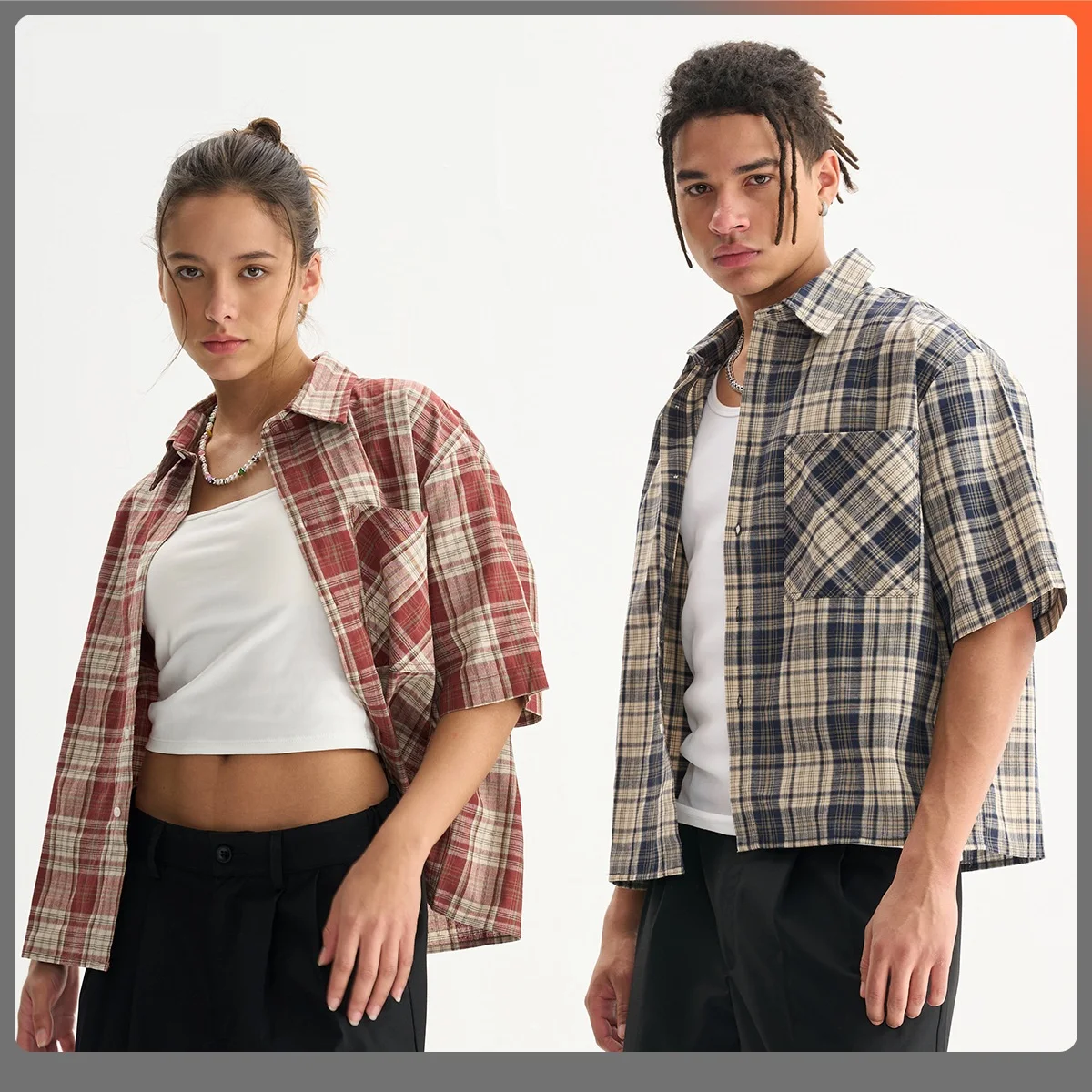 Mens 100% Cotton Short Sleeve Cropped Plaid Shirt for Summer Boxy Fit Button Up Custom Flannel Fashion Street Clothes Unisex