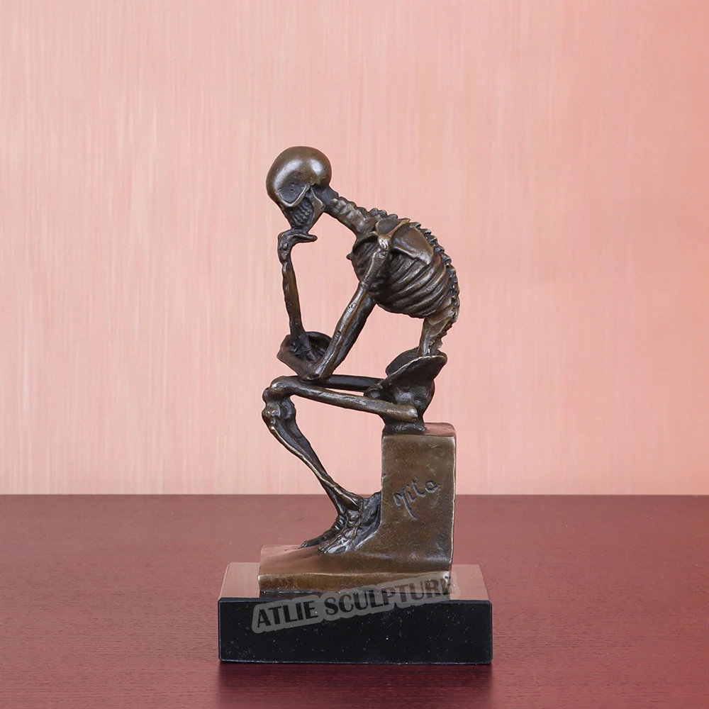 Bronze Abstract Skeleton Thinker Statue Famous Rodin's Thinking Man Sculpture Figurine Replica Hot Casting Home Decor