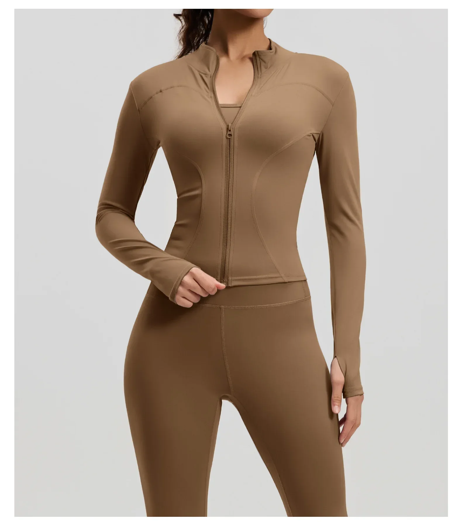 Herbstliche Sport- und Yoga-Jacke für Damen, Stehkragen, Langarmjacke, figurbetontes Trainingsoberteil, Fitness-Oberteil, Rad- und Laufoberteil – Detail 18