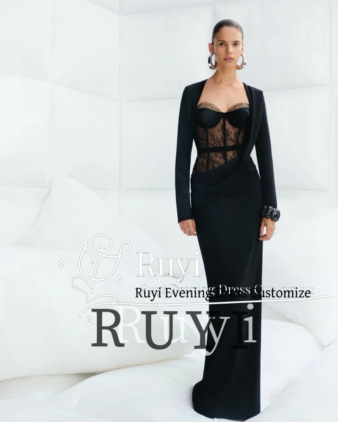 تخصيص الحبيب خط العنق الدانتيل انظر من خلال فساتين السهرة حورية البحر طويلة الأكمام أنيقة فستان الحفلة الراقصة للمناسبات الخاصة