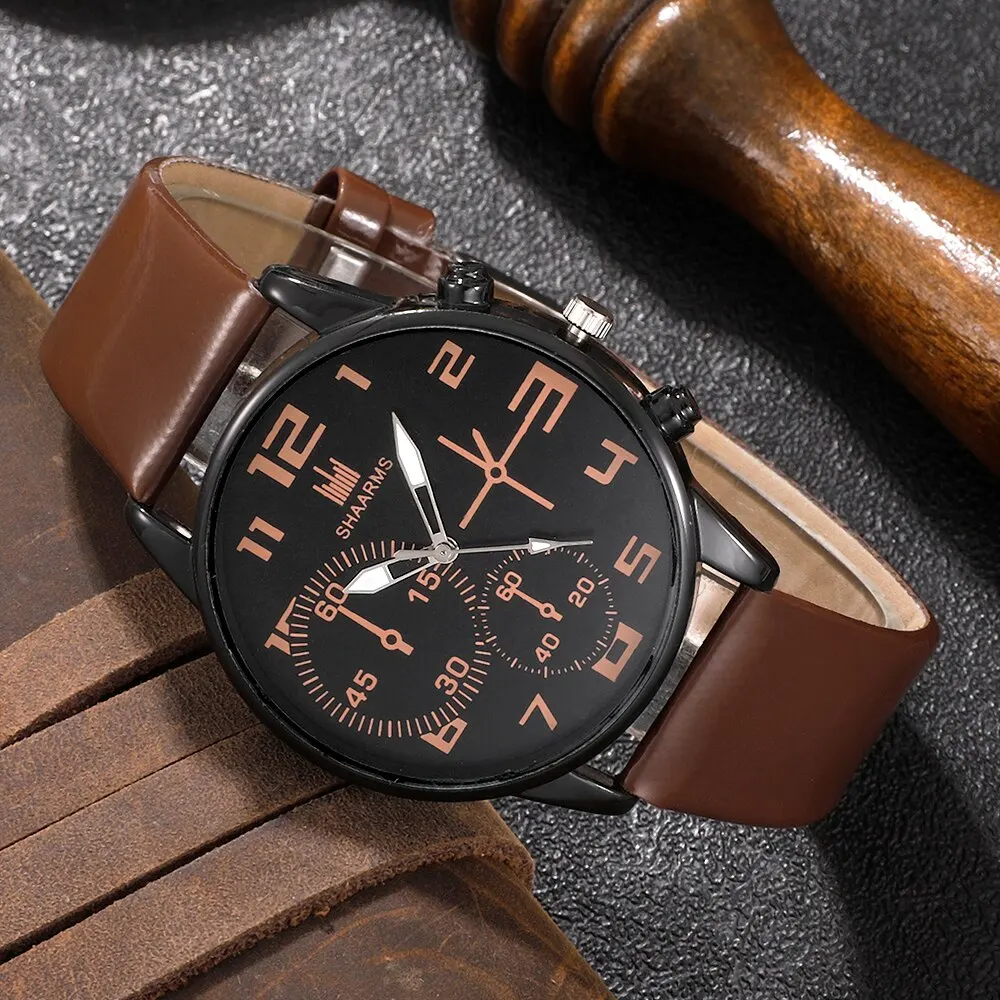 Juego de 5 piezas para hombre, relojes de pulsera deportivos a la moda, reloj de pulsera de cuarzo con esfera grande Retro, Reloj clásico informal de cuero marrón