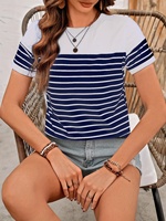 Contrast striped short sleeved summer new round neck pullover for age reducing top, slimming casual T-shirt, women's blue