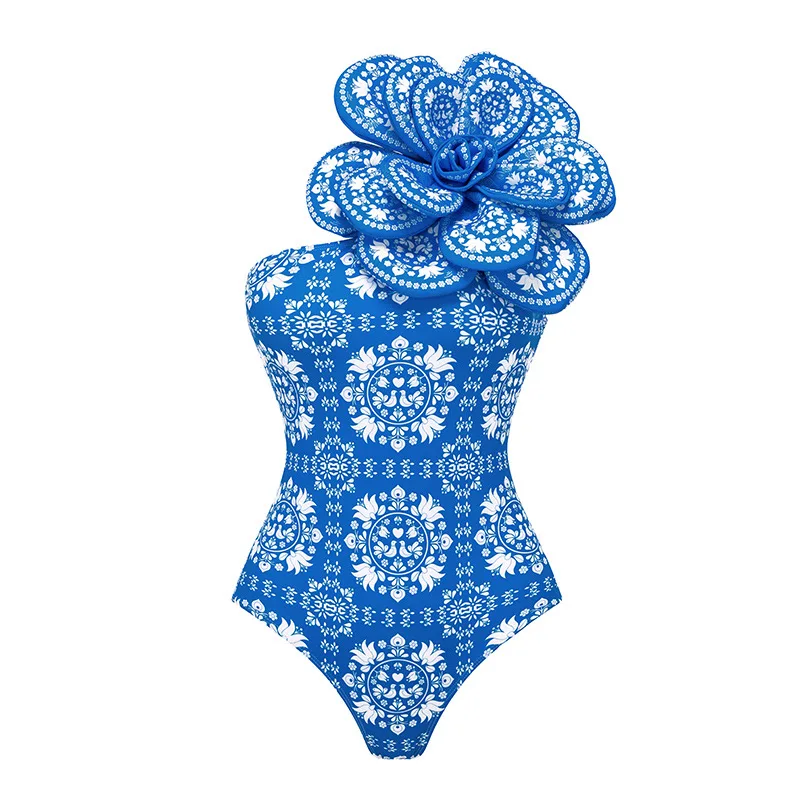 Traje de baño Floral de una pieza para mujer, traje de baño con estampado de decoración de flores grandes en 3D, conjunto de Bikini, ropa de estilo de vacaciones en la playa, falda de vestido Maxi