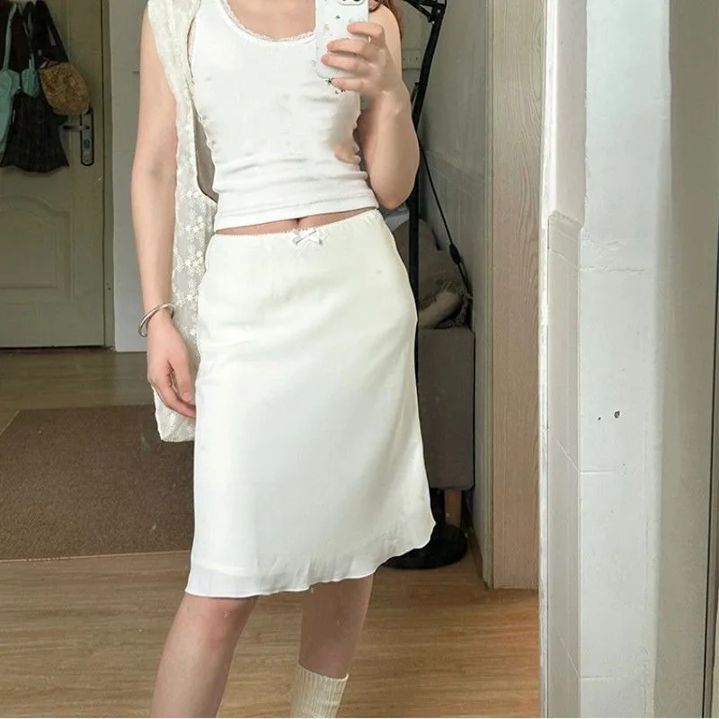White A-Line  Skirt Women's Spring Summer 2025 Versatile High Waist Slimming High-End Feeling Wrap Body Casual Style