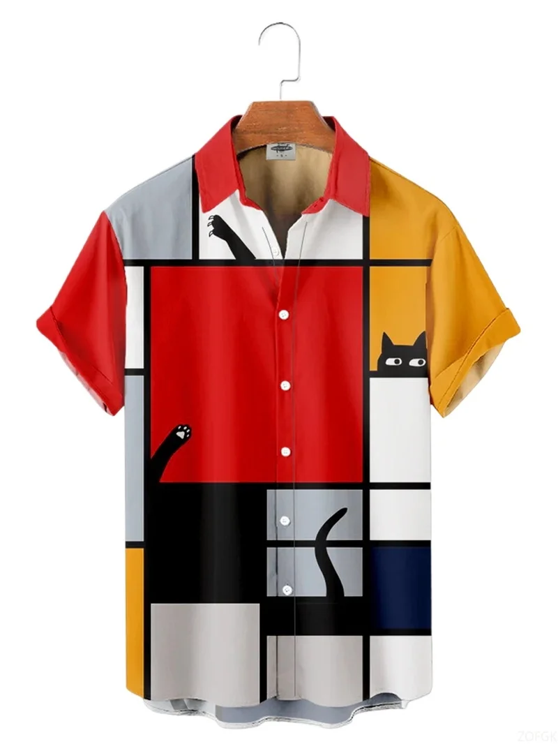 Men Shirts 3d Geometric Art Colorful Abstract Oil Painting Printed Men's Short Sleeve Shirts Fashion Unisex Hawaiian Button Top