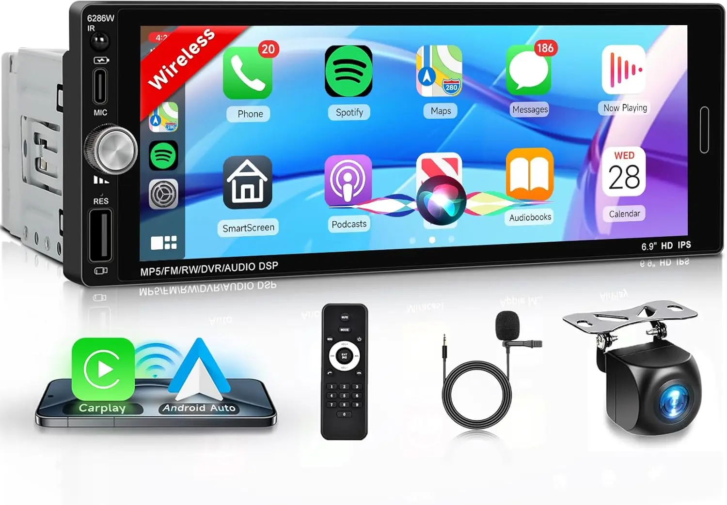 

Автомобильная стереосистема 6,9 дюйма с беспроводным CarPlay и Android Auto, сенсорным экраном HD, Bluetooth 5.2, FM, резервной камерой, зарядкой Type-C/USB