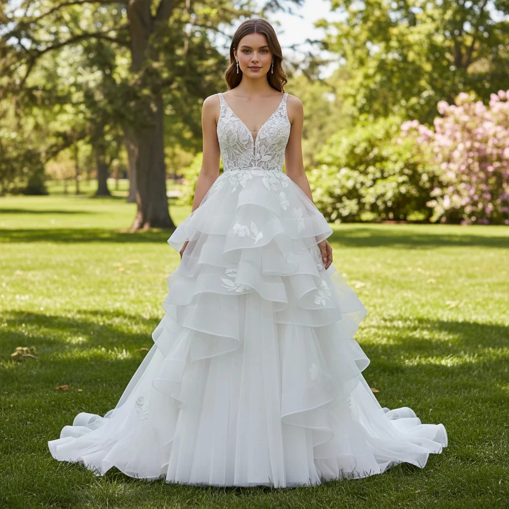 Rosymae Women's Backless Deep V-Neck Ruffle Wedding Dress with Tank Sleeves Sexy Gown for Brides
