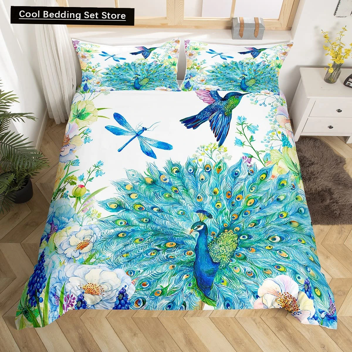 

Peacock Duvet Cover King Queen Size Hummingbird Dragonfly Bedding Set Flowers Birds Quilt Cover Floral Animals Comforter Cover