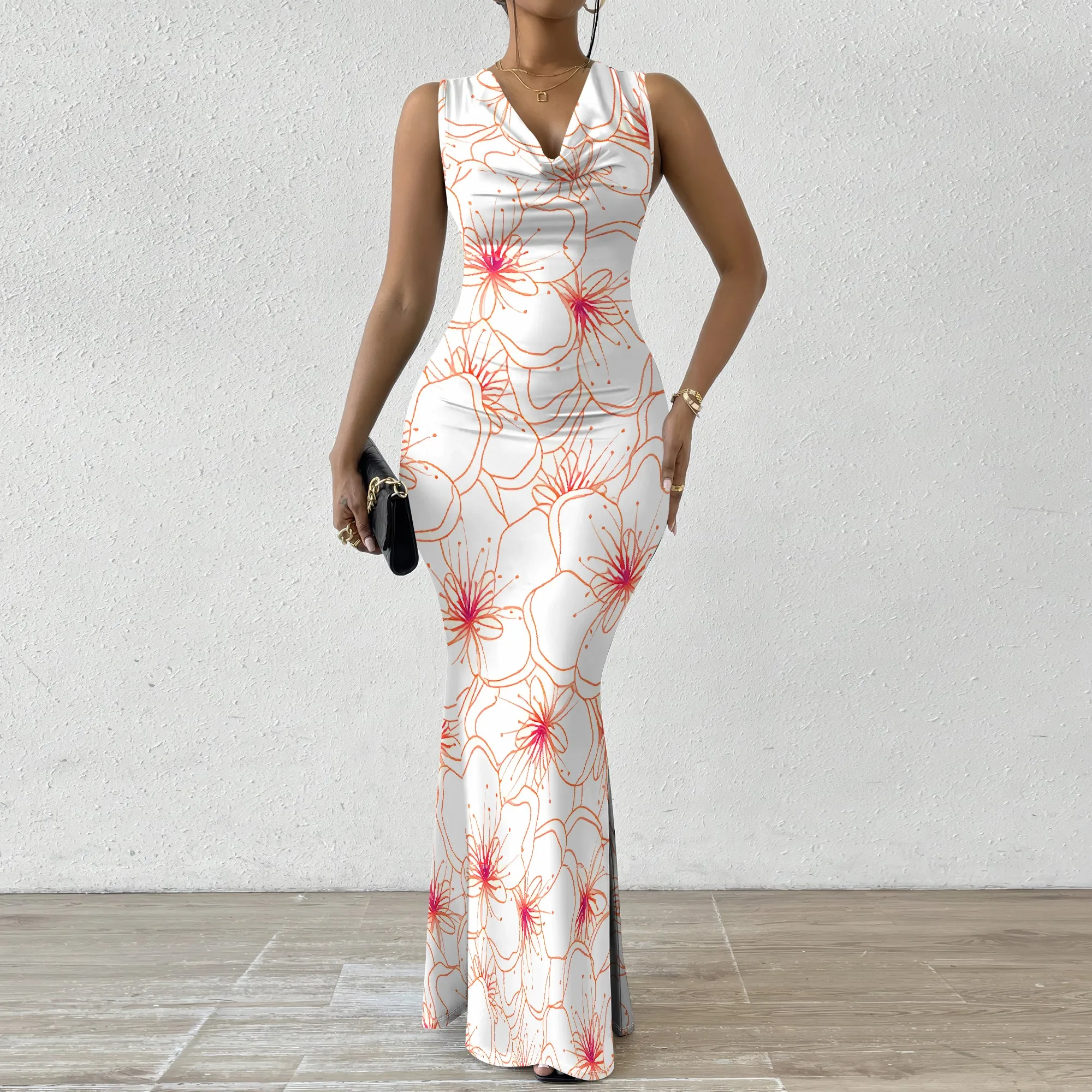 

Sleeveless Bodycon Maxi Dress Elegant Red Line Floral Print Summer Party Dress for Women
