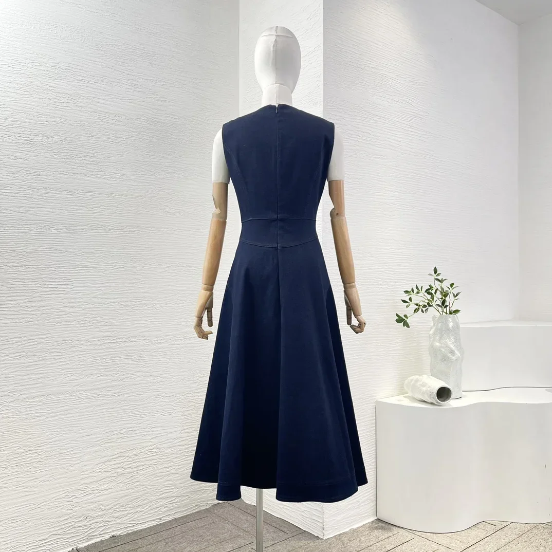 Classic New 2024 Top Quality Sleeveless A-line Navy Blue Jeans Women Tank Midi Dress