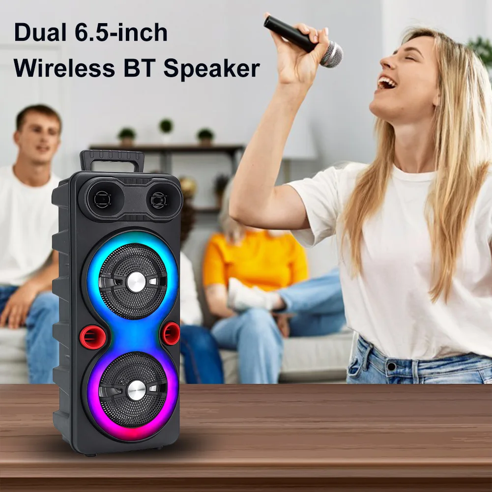 Dual Subwoofer Speakers BT 5.0 6.5 Inch Stereo Subwoofer Outdoor Portable Speaker with Mic FM Radio RGB Party Sound Box