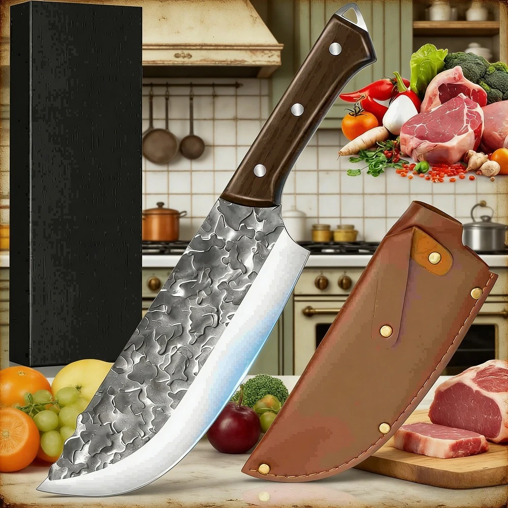 Coltello Forgiato ZENG da 7 Pollici, Motivo a Nuvole, Manico Ergonomico in Legno, Affilato per Tagliare la Carne, Confezione Regalo Inclusa per Uso in Cucina