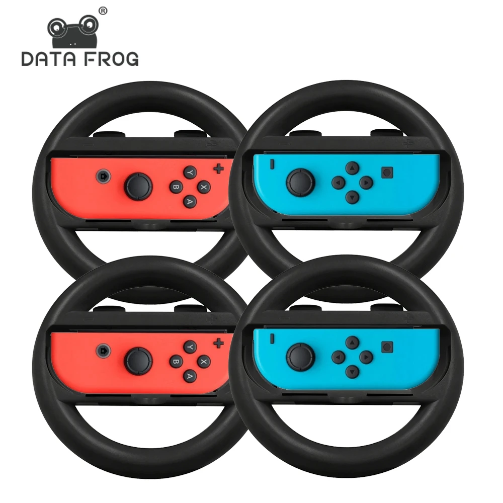 Volante Data Frog para Switch y OLED, Adaptador de Volante de Carreras para Joy-Con (Paquete de 2) con 2 Grips para Pulgares, Negro