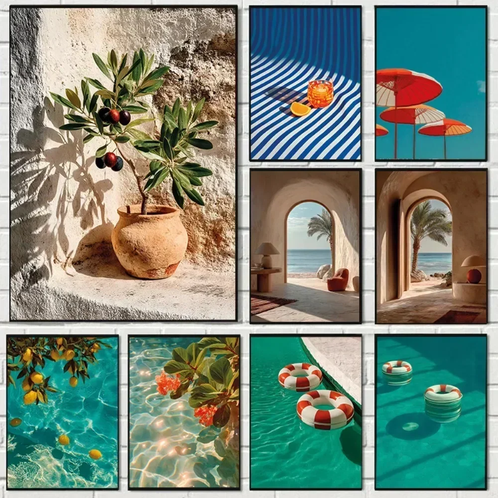 1pc frameless Canvas Painting Modern Italian Lemon Orange Seaside Beach Waves Arc Swimming Pool Landscape Posters Canvas Paintin