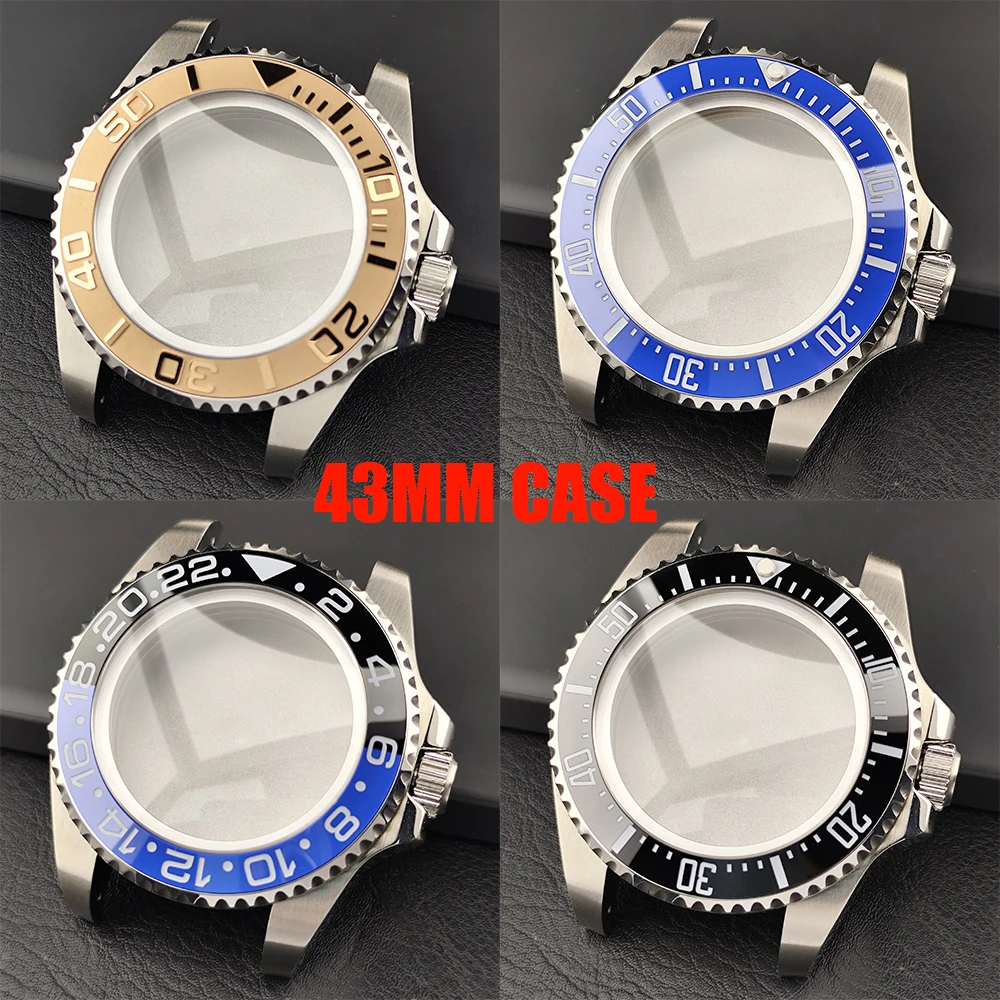 NH35 Case 43mm Men's Silvery Steel Case Fit NH34 NH35 Movement Case for Sapphire Glass Watch Box 21mm Strap Watch Accessories