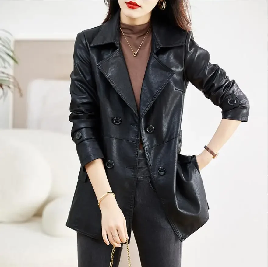 

Turn-down Collar Genuine Leather Jacket Women Korean Fashion Slim Sheepskin Coat Black Real Leather jackets ladies Casual Blazer