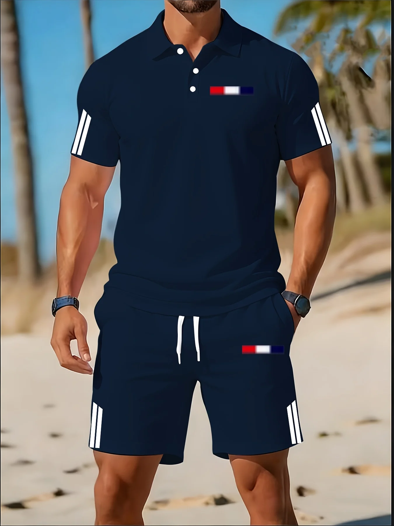 

2026 Latest French Flag Minimalist Navy Blue Two-Piece Street Sportswear Set with 3D Print Design