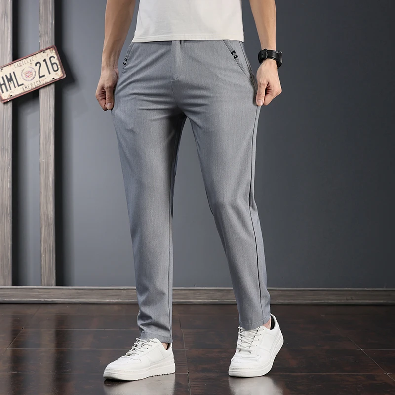 

2023 Summer Lightweight Breathable Korean Pants Young Men's Summer Ice Silk Hanging Small Straight Thin Stretch Casual Pants